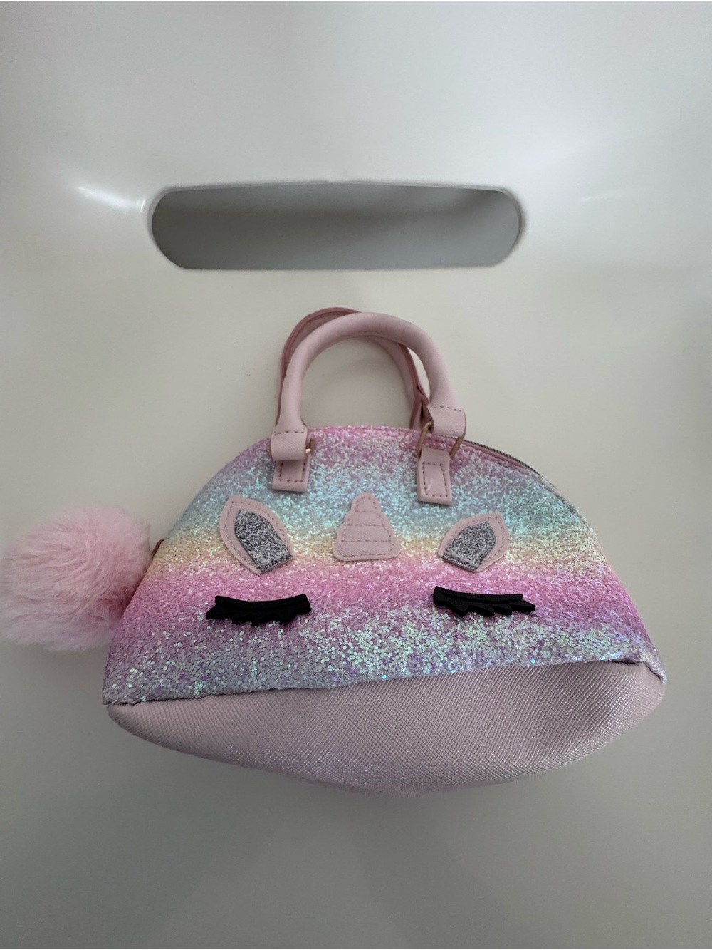Girls Glitter Rainbow Unicorn Purse Mini Handbag Pom Pom Pastel Sparkle Cute - Picture 4 of 12
